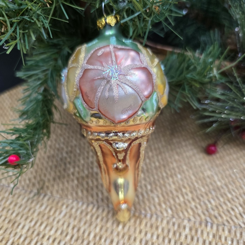 VTG Blown Glass Cone Ornament Floral Petals Pastel Glitter Hand Painted 5.5"